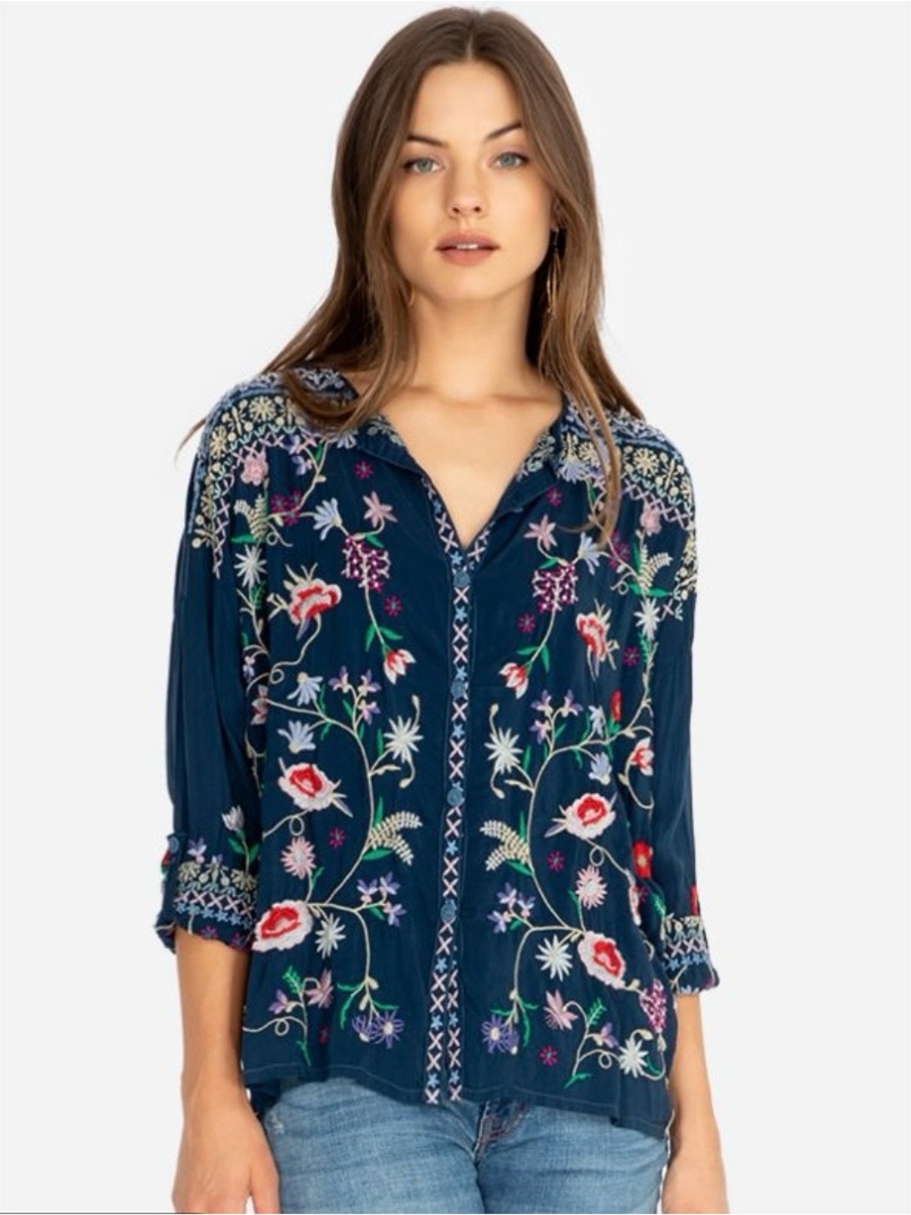 Johnny Was Gisella Women’s Navy Floral V~Neck Embroidered Button Up Top Sz XL